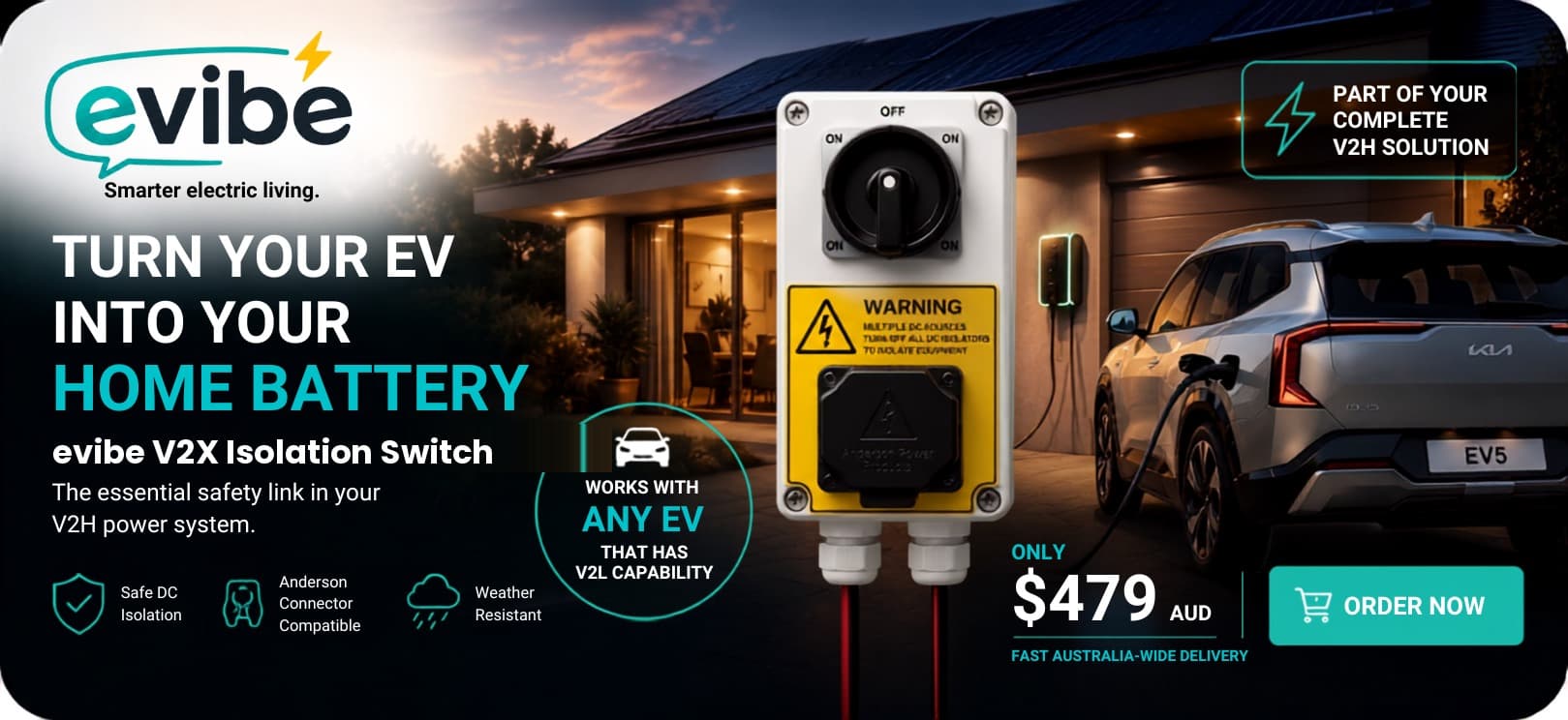 Turn your EV into your home battery. evibe V2X Isolation Switch, works with any EV that has V2L capability, $479 AUD. Order now.