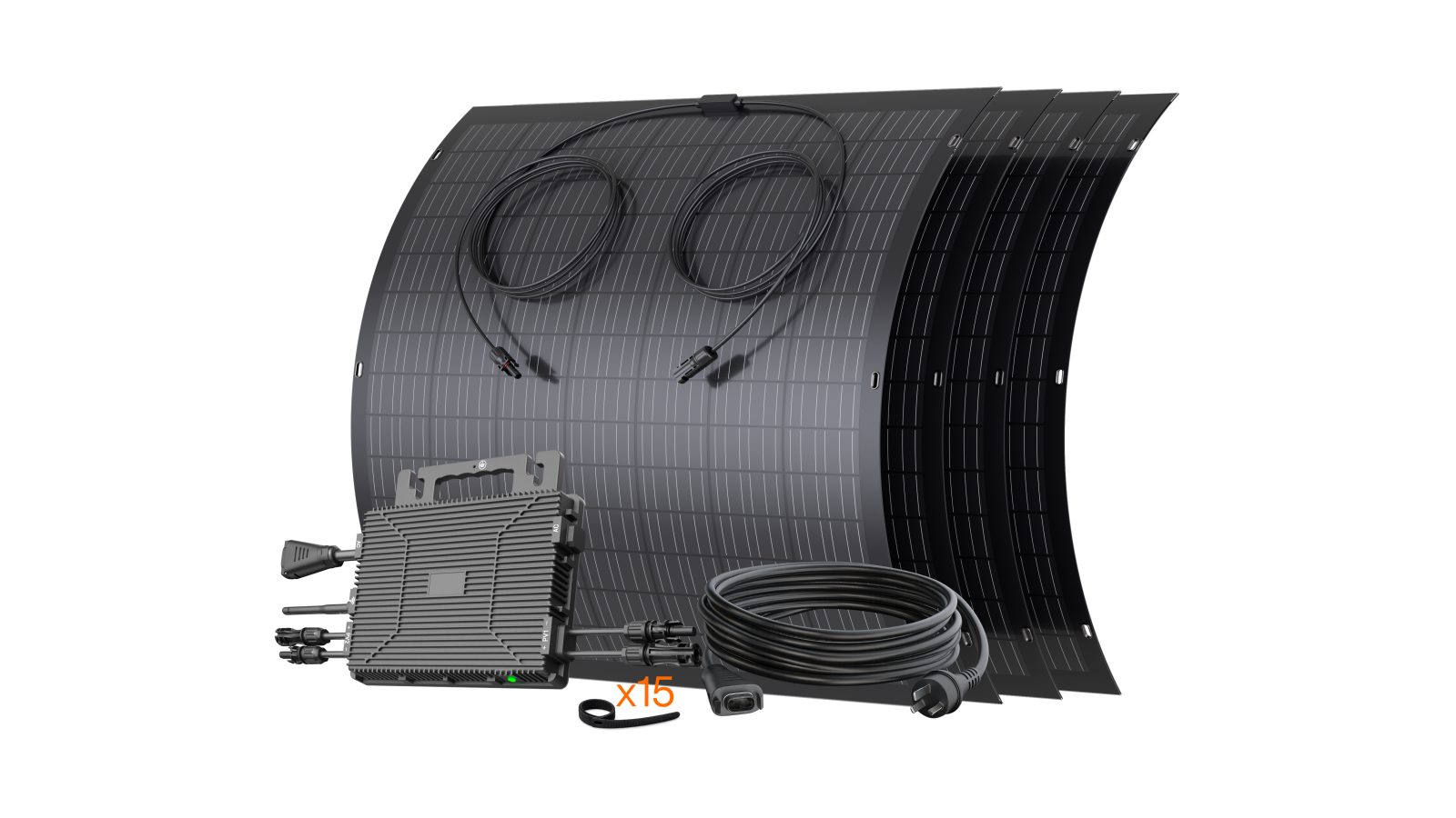 A plug-in balcony solar kit, with panels clipped to an apartment balcony railing and a compact battery inverter unit against the wall.